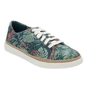 Vionic Tropical Leaf Print Sneakers in Teal and Coral with White Laces